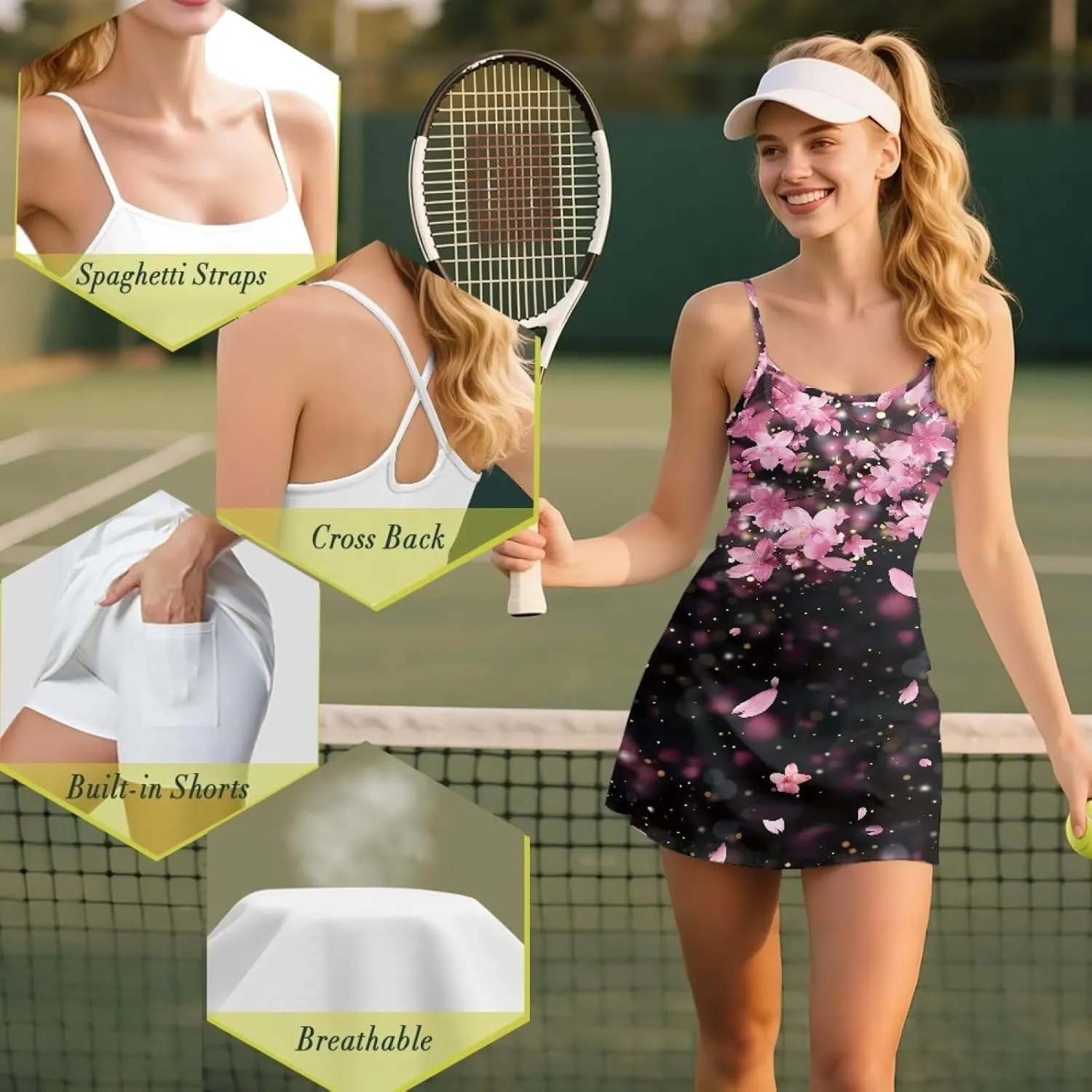 Womens Tennis Dress Built in Shorts & Spaghetti Straps Exercise Workout Dress with Pockets Golf Athletic Dresses