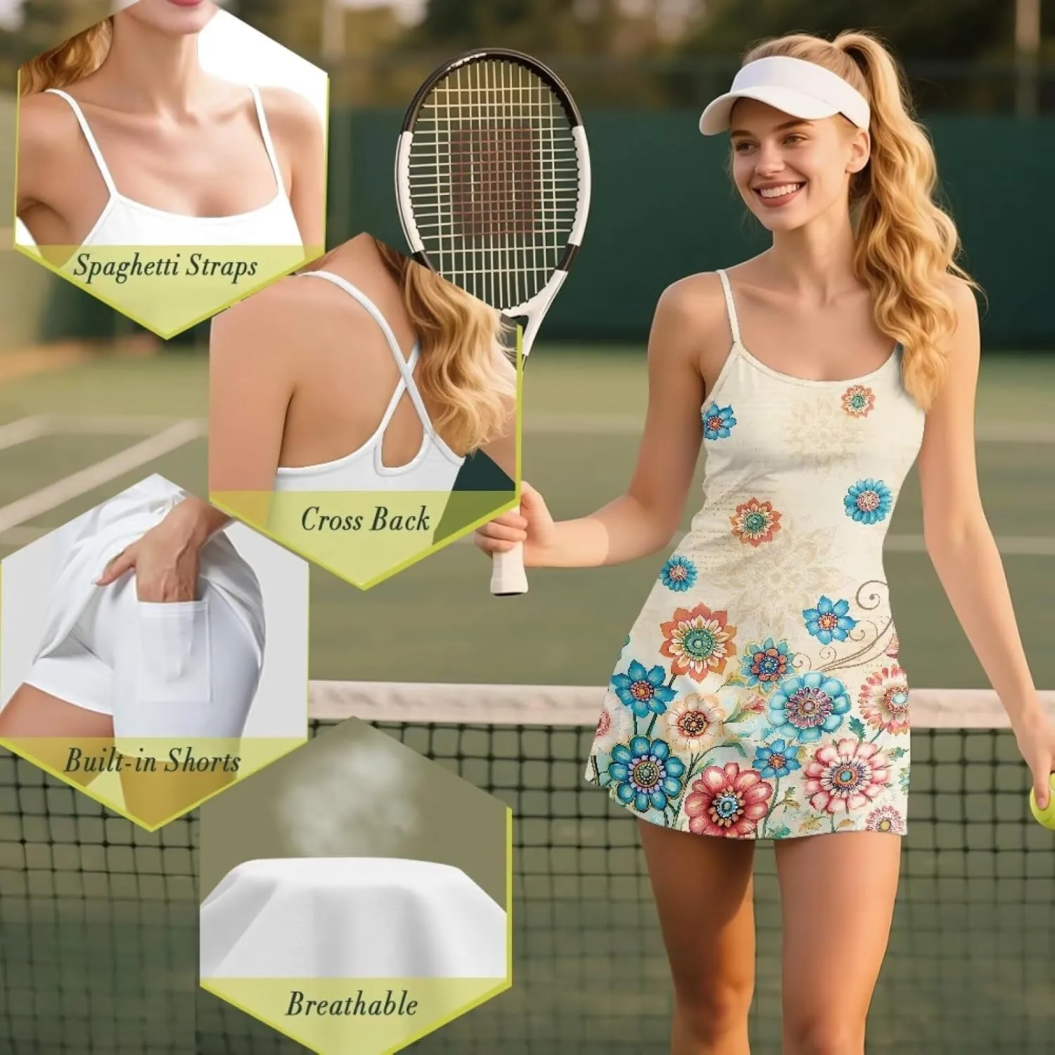 Womens Tennis Dress Built in Shorts & Spaghetti Straps Exercise Workout Dress with Pockets Golf Athletic Dresses