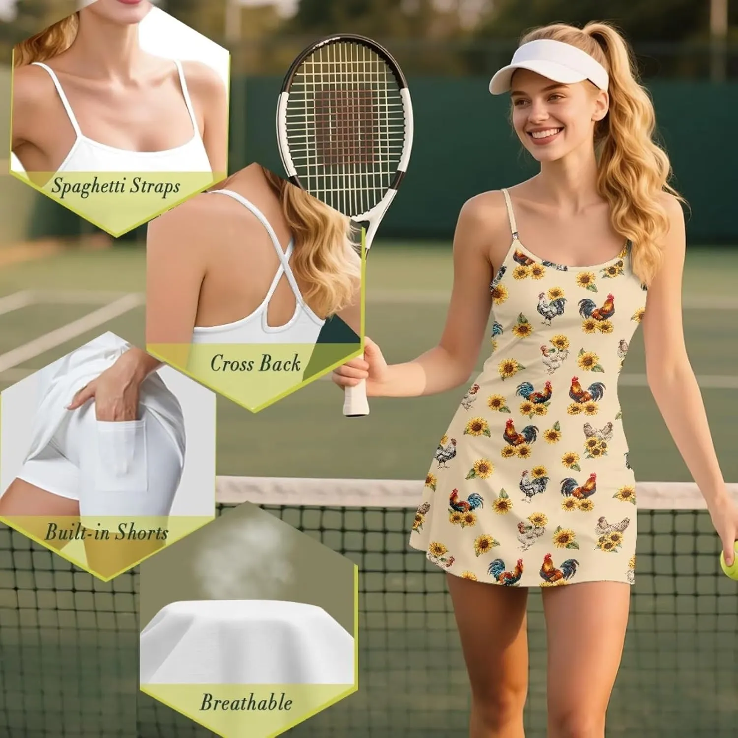 Womens Tennis Dress Built in Shorts & Spaghetti Straps Exercise Workout Dress with Pockets Golf Athletic Dresses