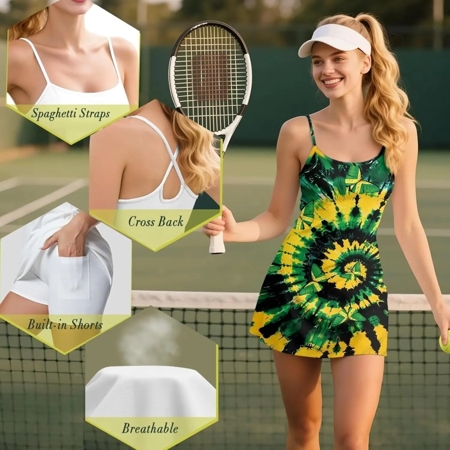 Womens Tennis Dress Built in Shorts & Spaghetti Straps Exercise Workout Dress with Pockets Golf Athletic Dresses