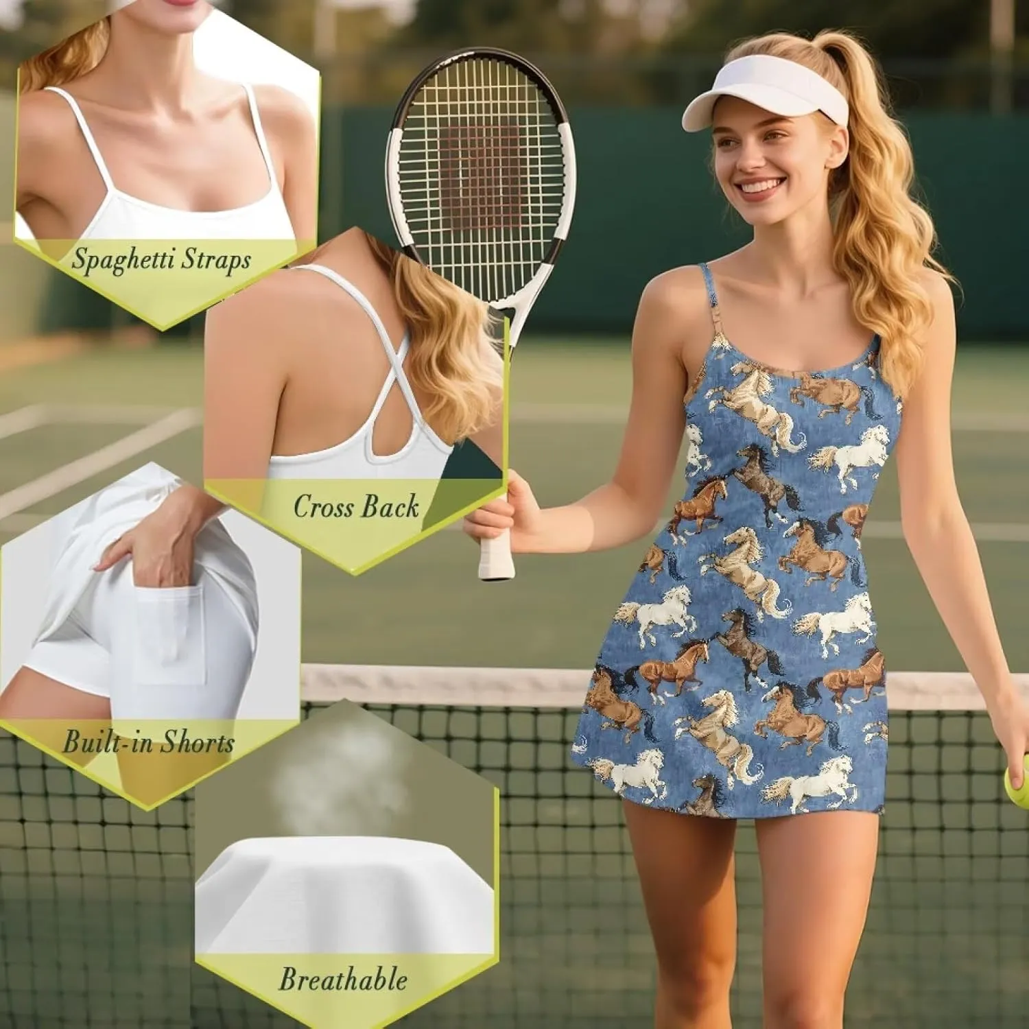 Womens Workout Tennis Dress with Built-in Shorts Pockets Sleeveless Exercise Golf Dresses XS-2XL