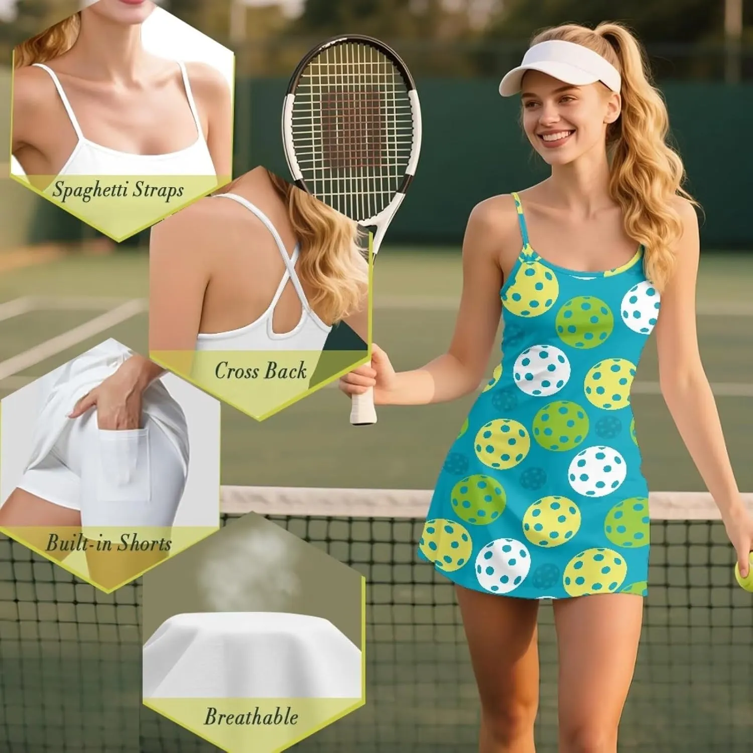 Womens Workout Tennis Dress with Built-in Shorts Pockets Sleeveless Exercise Golf Dresses XS-2XL