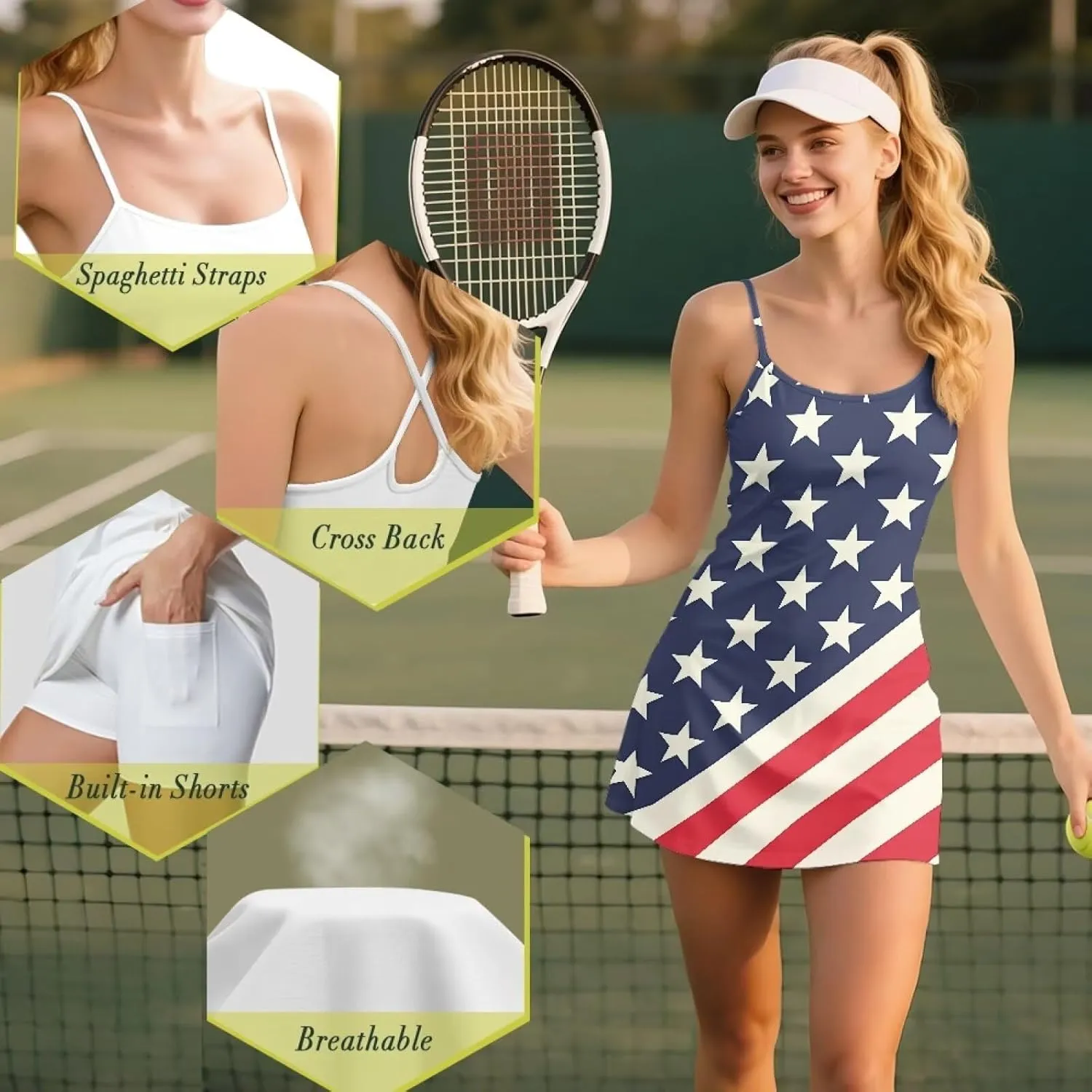 Womens Workout Tennis Dress with Built-in Shorts Pockets Sleeveless Exercise Golf Dresses XS-2XL