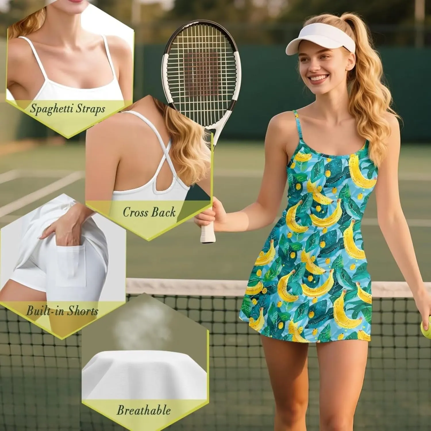Womens Workout Tennis Dress with Built-in Shorts Pockets Sleeveless Exercise Golf Dresses XS-2XL