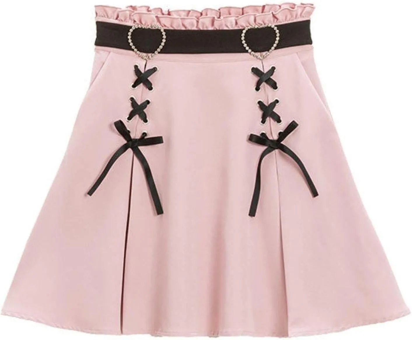 Women's Y2K high Waisted A-line Mini Skirt with Cute Heart Belt Decoration and Patchwork Pleated Skirt