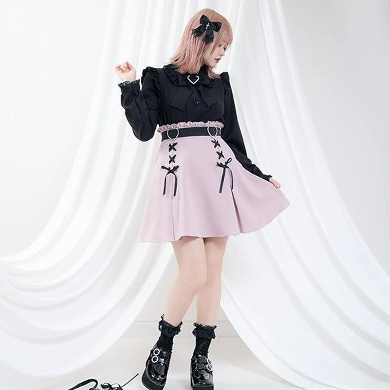 Women's Y2K high Waisted A-line Mini Skirt with Cute Heart Belt Decoration and Patchwork Pleated Skirt