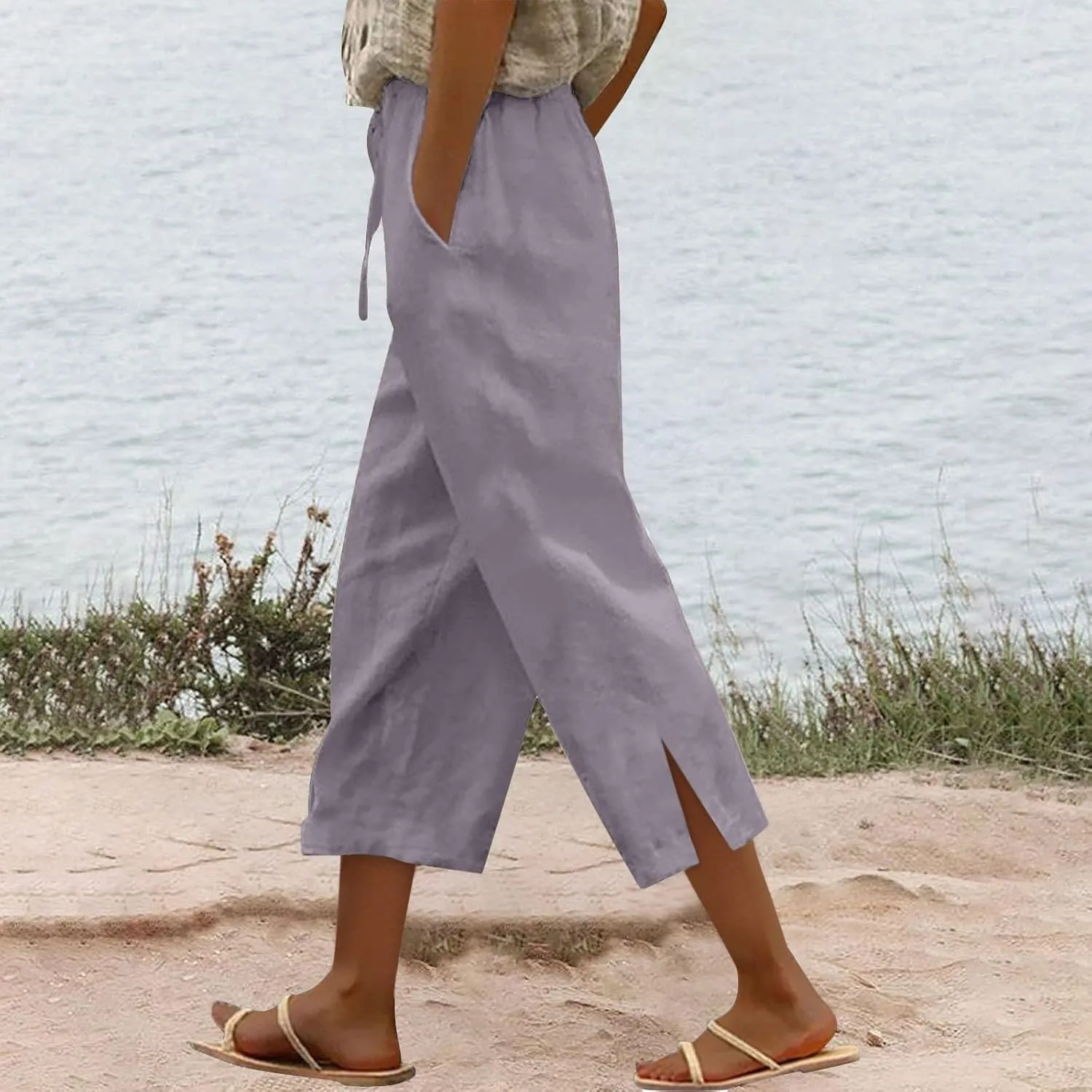 Work Pants Women Solid Color Cotton Linen Elastic Seven Pants Beach Plus Size Trendy Striped Spring Summer Gauze Pants