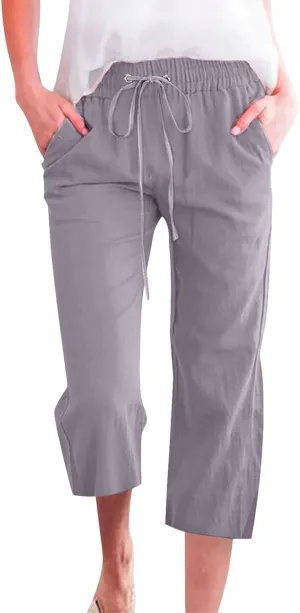 Work Pants Women Solid Color Cotton Linen Elastic Seven Pants Beach Plus Size Trendy Striped Spring Summer Gauze Pants