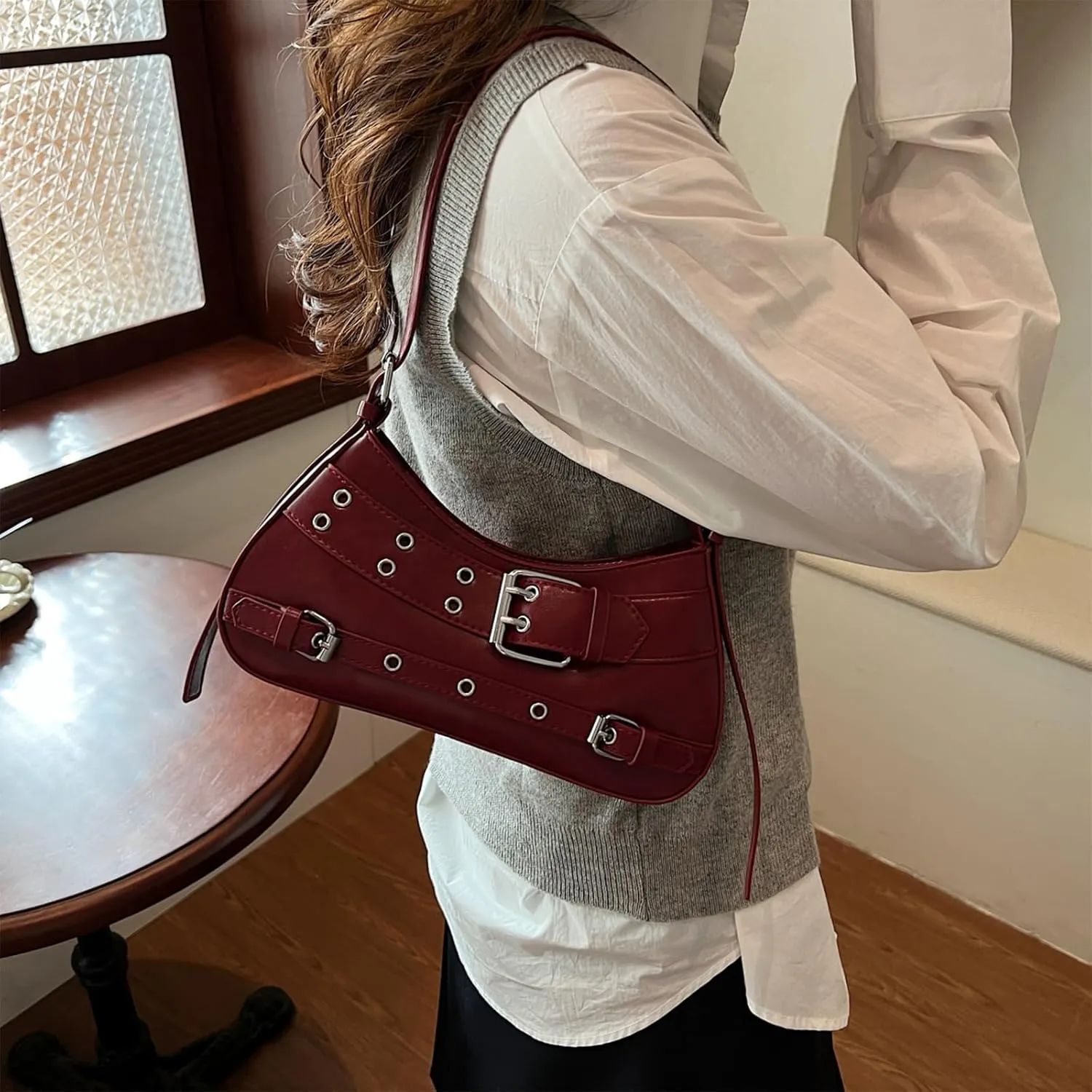Y2K Purse Crescent Bags for Women Hobo Punk Purse Y2K Shoulder Handbags Studded Bag