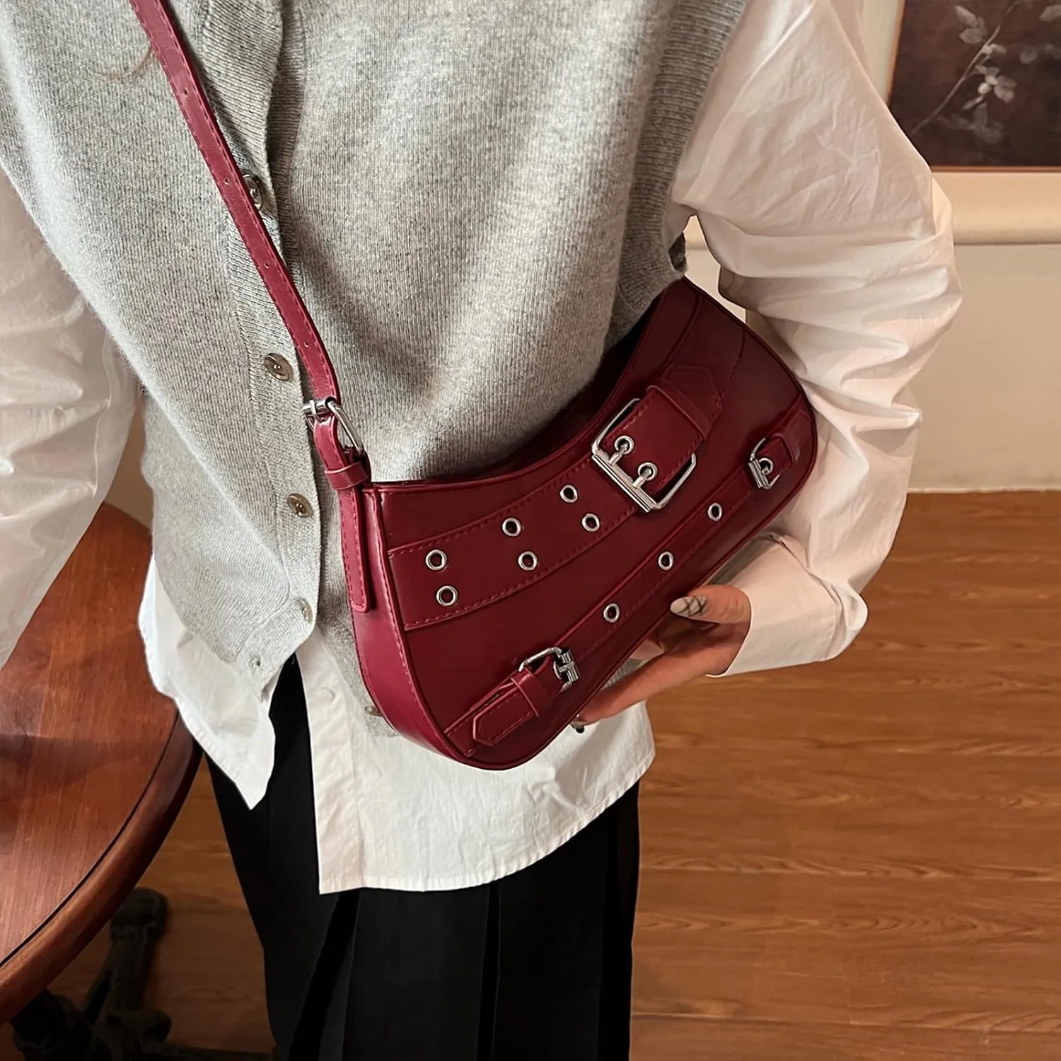Y2K Purse Crescent Bags for Women Hobo Punk Purse Y2K Shoulder Handbags Studded Bag