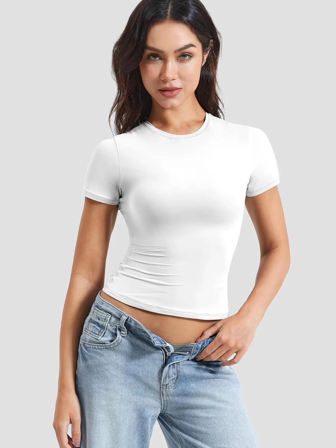 YEOREO Women Fitted Workout Tops Short Sleeve Double Lined Basic Y2K Going Out Crew Neck Compression Crop Top