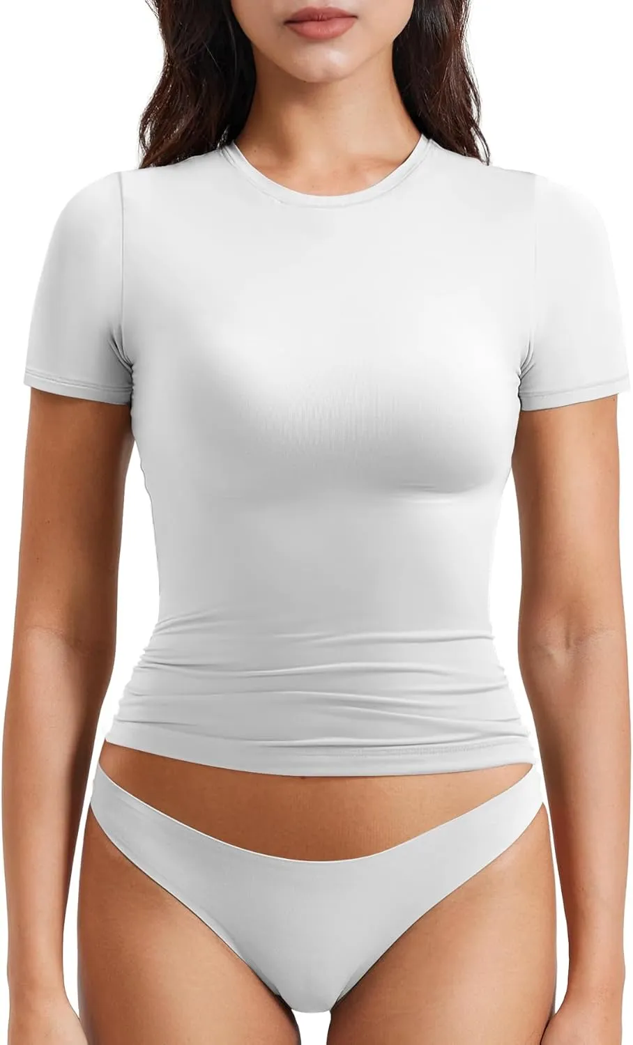 YEOREO Women Fitted Workout Tops Short Sleeve Double Lined Basic Y2K Going Out Crew Neck Compression Crop Top