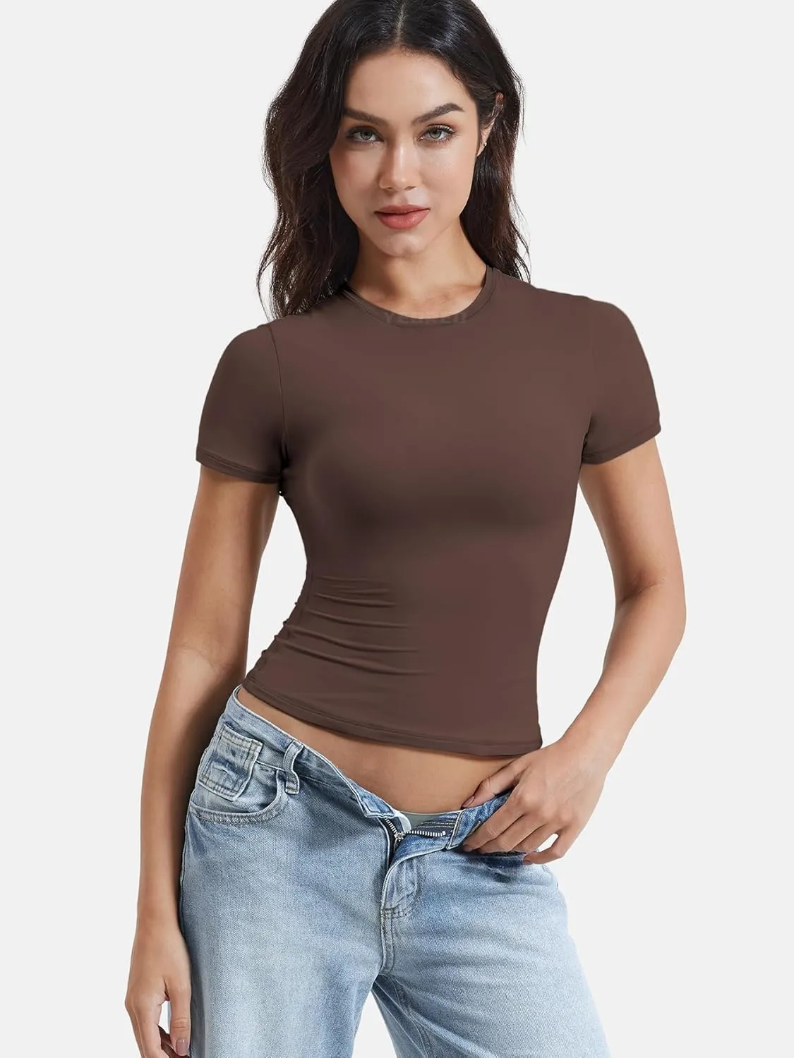 YEOREO Women Fitted Workout Tops Short Sleeve Double Lined Basic Y2K Going Out Crew Neck Compression Crop Top