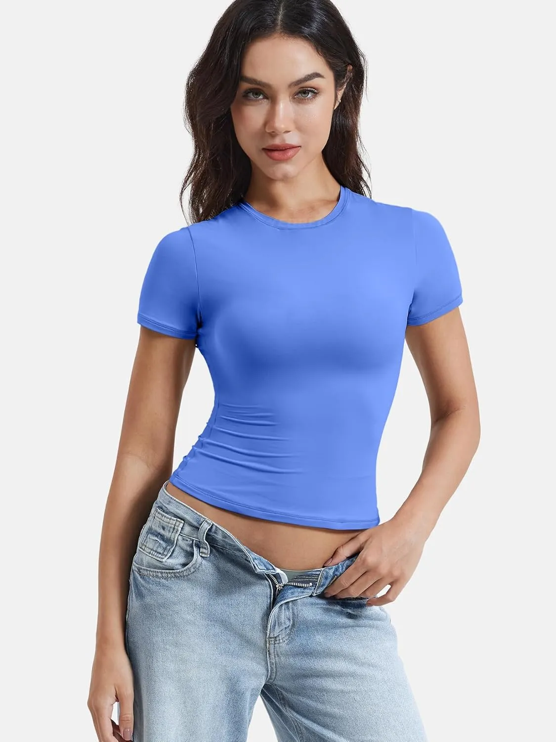 YEOREO Women Fitted Workout Tops Short Sleeve Double Lined Basic Y2K Going Out Crew Neck Compression Crop Top