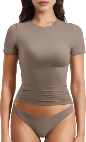 YEOREO Women Fitted Workout Tops Short Sleeve Double Lined Basic Y2K Going Out Crew Neck Compression Crop Top