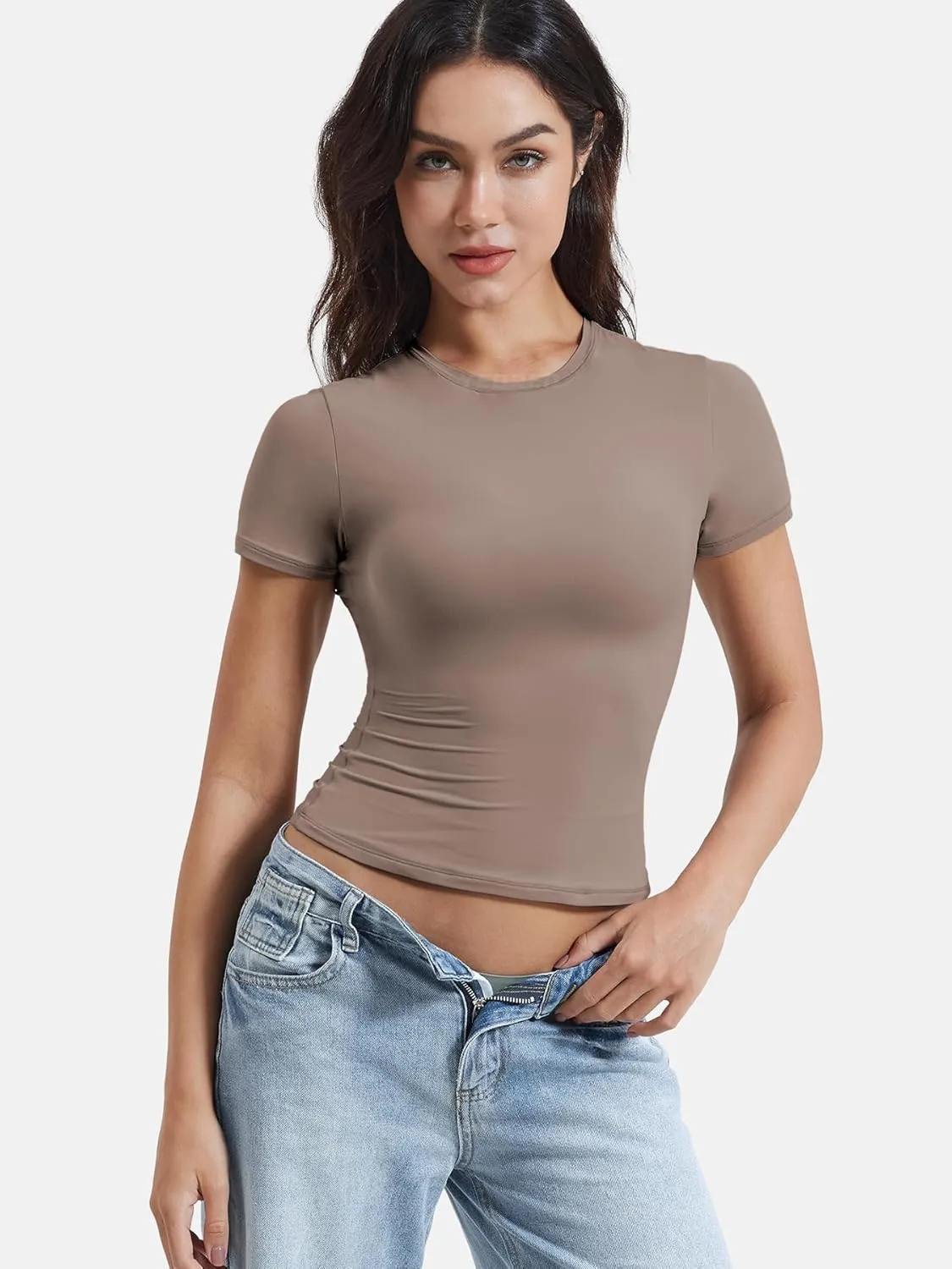 YEOREO Women Fitted Workout Tops Short Sleeve Double Lined Basic Y2K Going Out Crew Neck Compression Crop Top
