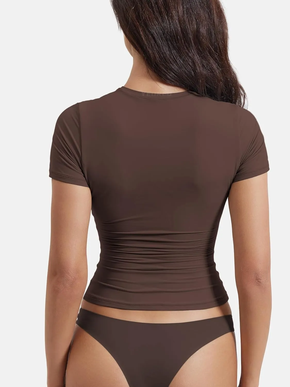 YEOREO Women Fitted Workout Tops Short Sleeve Double Lined Basic Y2K Going Out Crew Neck Compression Crop Top
