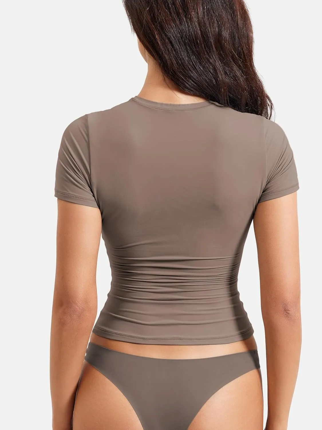 YEOREO Women Fitted Workout Tops Short Sleeve Double Lined Basic Y2K Going Out Crew Neck Compression Crop Top