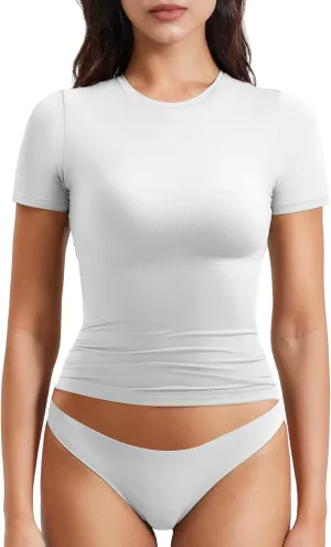 YEOREO Women Fitted Workout Tops Short Sleeve Double Lined Basic Y2K Going Out Crew Neck Compression Crop Top