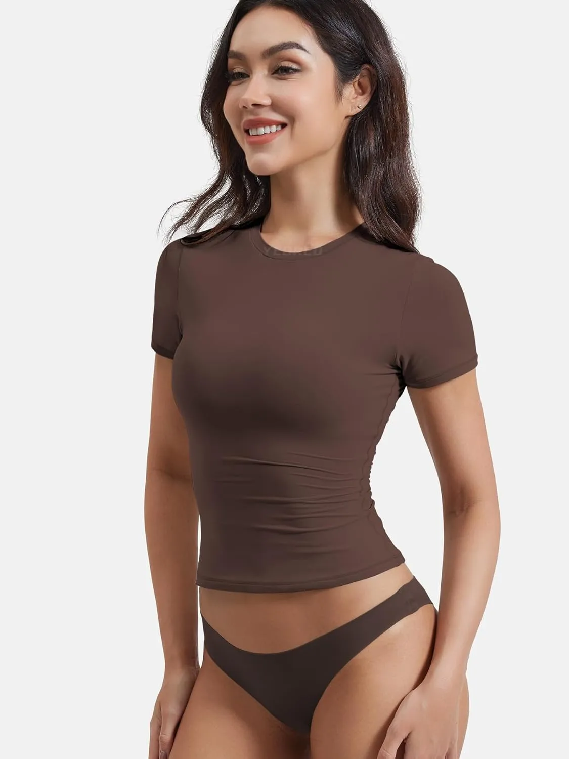 YEOREO Women Fitted Workout Tops Short Sleeve Double Lined Basic Y2K Going Out Crew Neck Compression Crop Top
