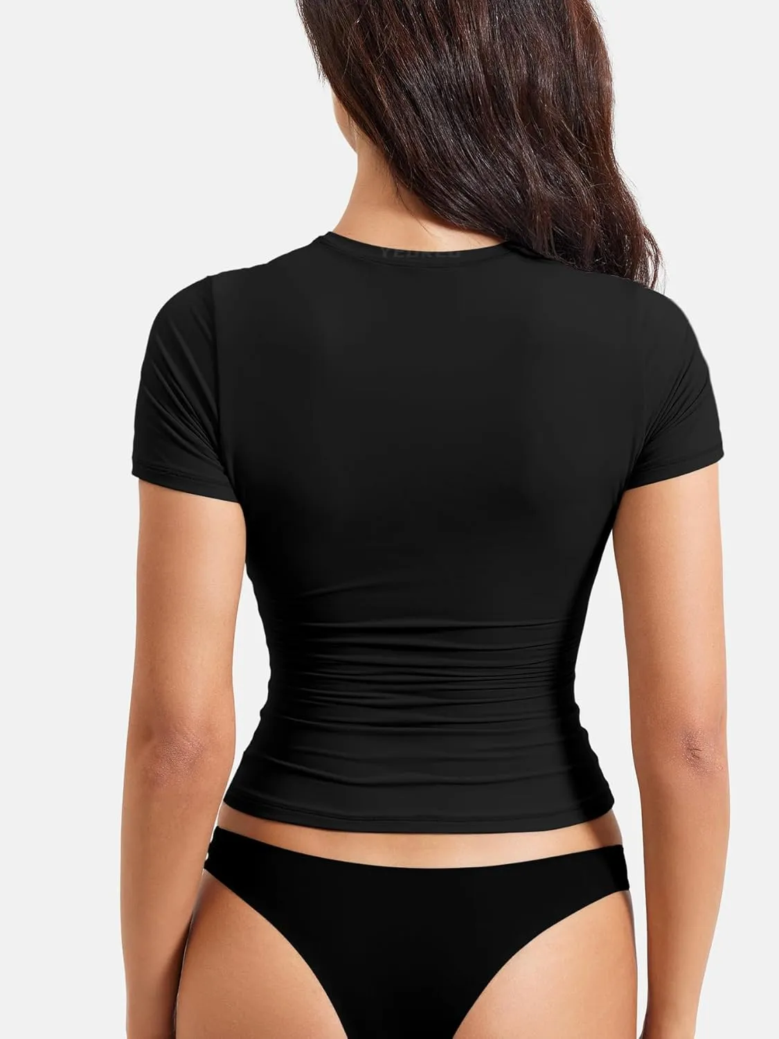 YEOREO Women Fitted Workout Tops Short Sleeve Double Lined Basic Y2K Going Out Crew Neck Compression Crop Top