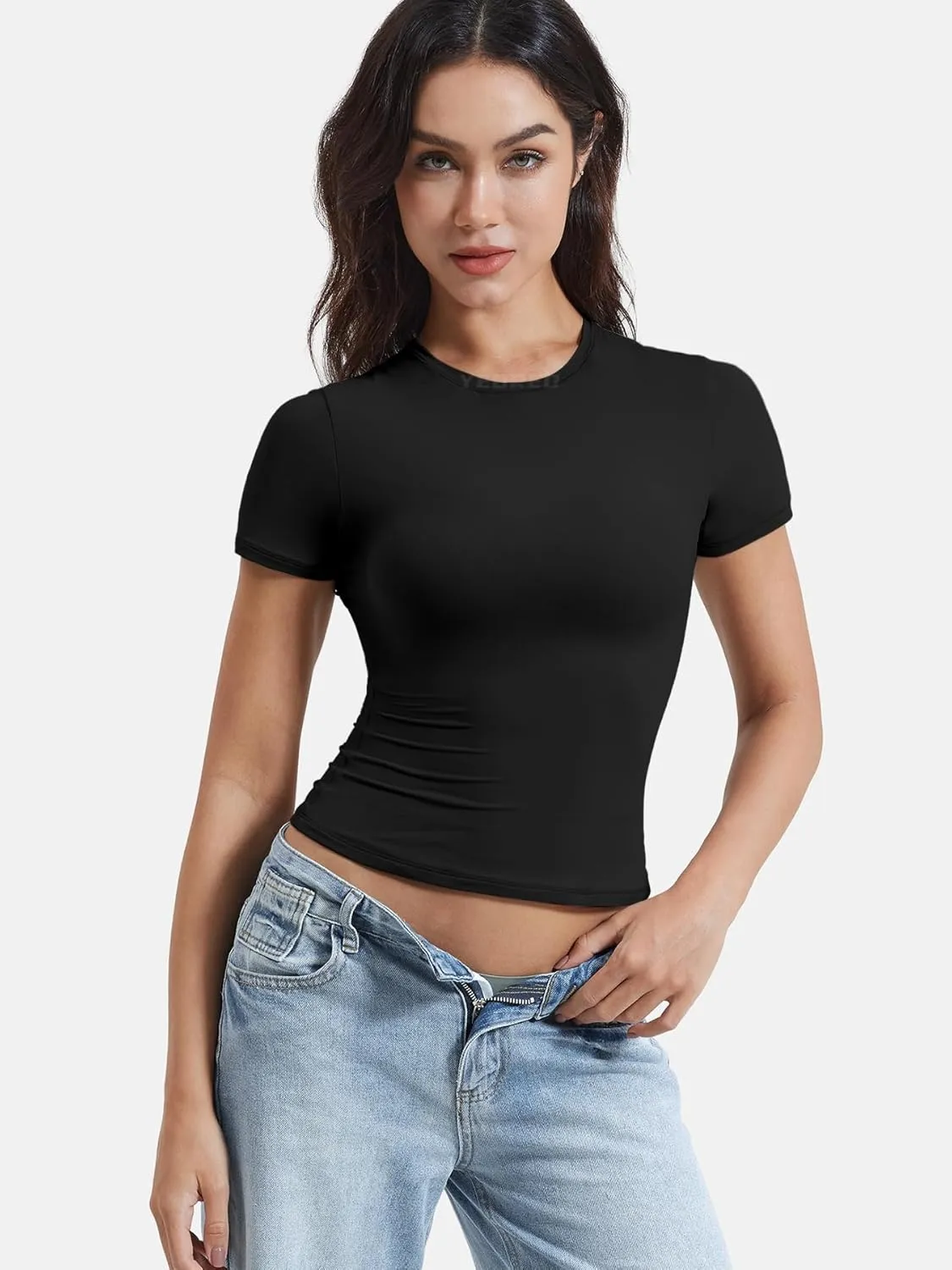 YEOREO Women Fitted Workout Tops Short Sleeve Double Lined Basic Y2K Going Out Crew Neck Compression Crop Top
