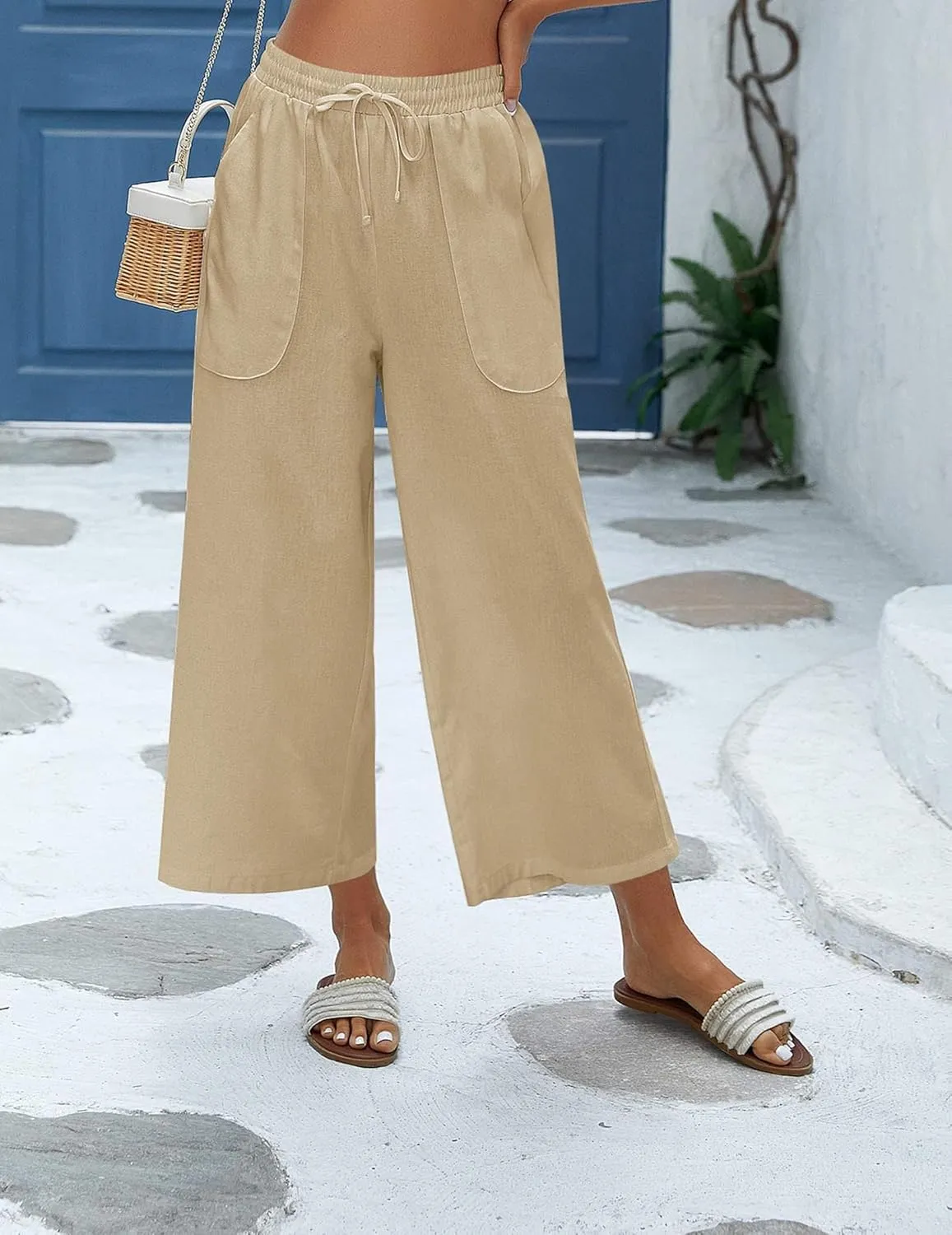 Zeagoo Women Cotton Linen Pants High Waisted Wide Leg Long Lounge Palazzo Pants Trousers with Pockets S-XXL