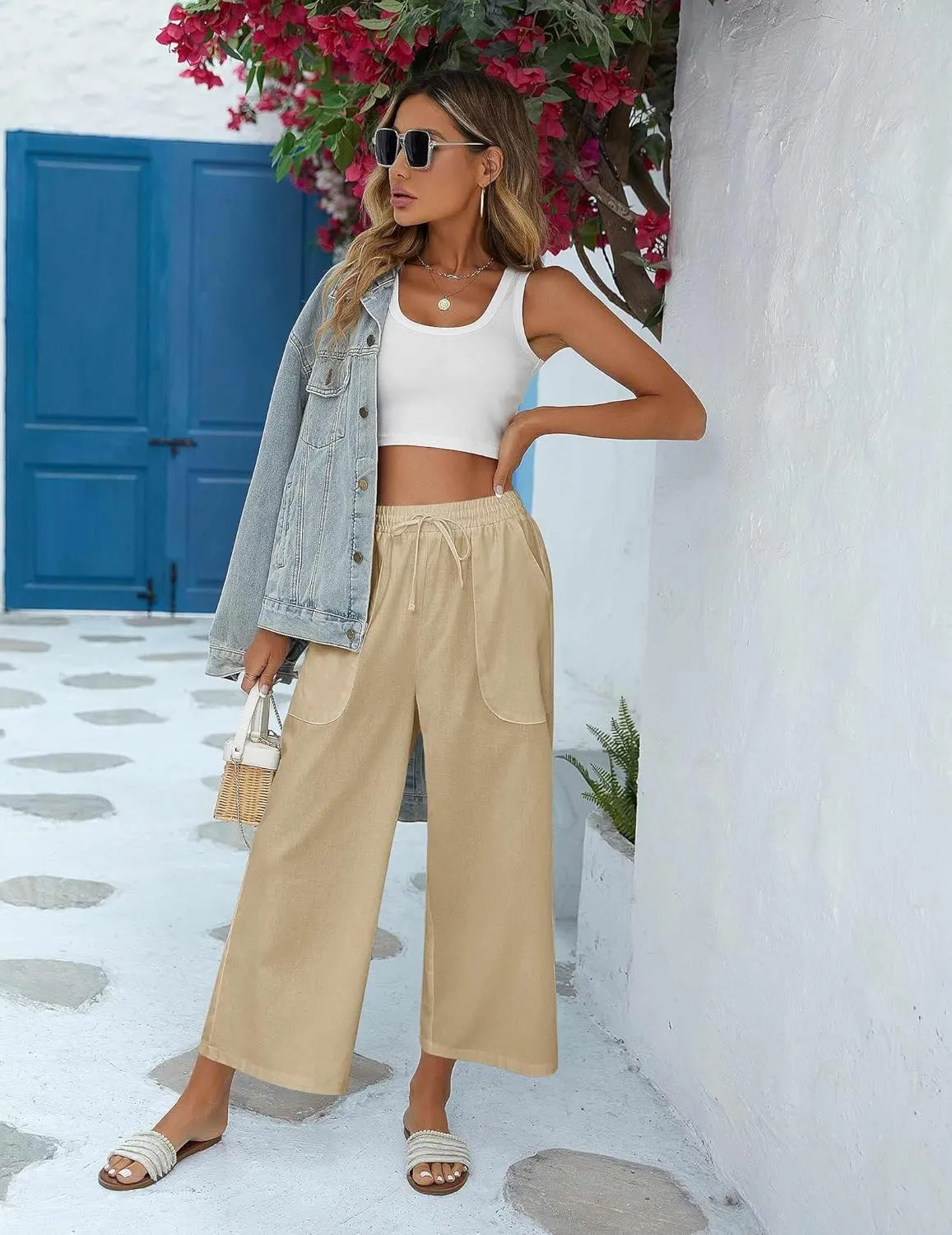 Zeagoo Women Cotton Linen Pants High Waisted Wide Leg Long Lounge Palazzo Pants Trousers with Pockets S-XXL