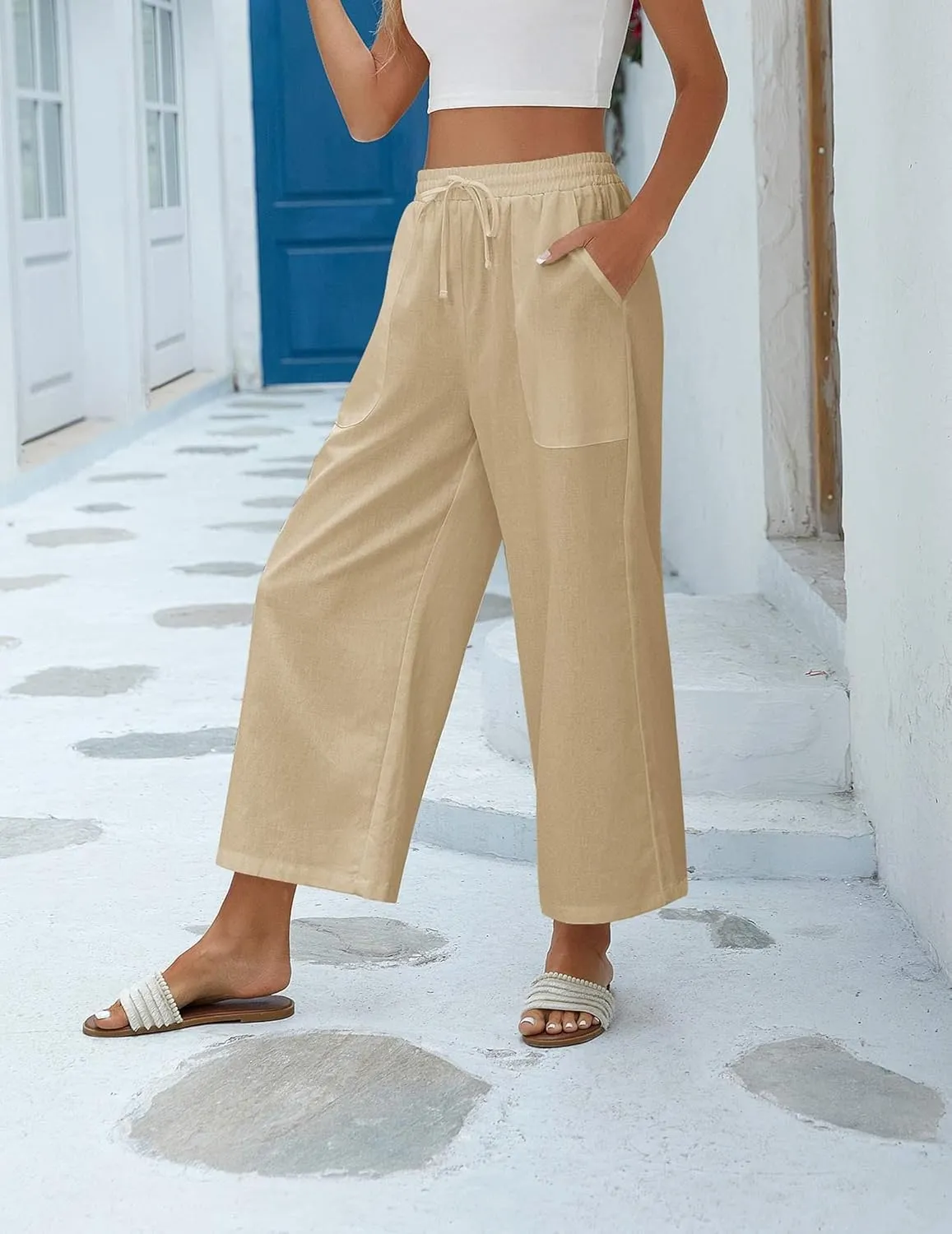 Zeagoo Women Cotton Linen Pants High Waisted Wide Leg Long Lounge Palazzo Pants Trousers with Pockets S-XXL