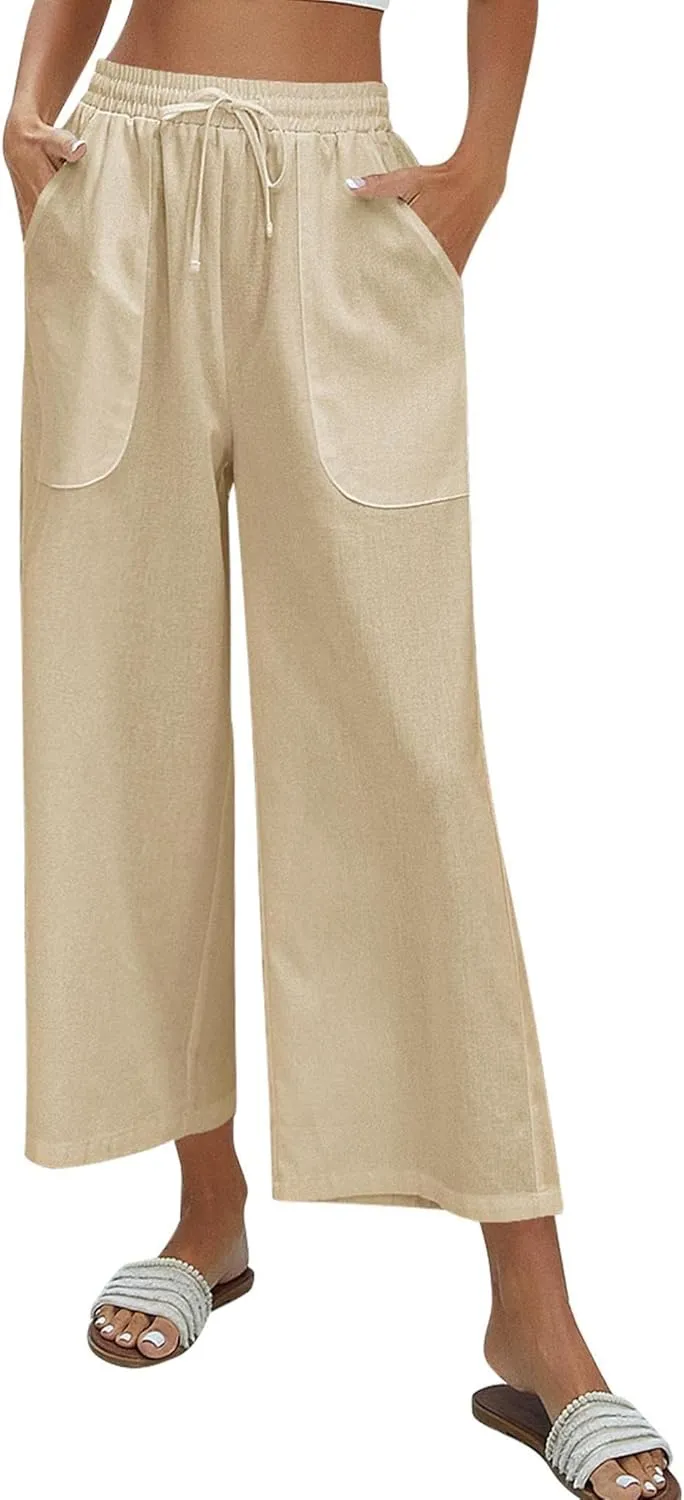 Zeagoo Women Cotton Linen Pants High Waisted Wide Leg Long Lounge Palazzo Pants Trousers with Pockets S-XXL