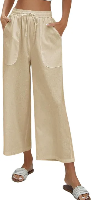 Zeagoo Women Cotton Linen Pants High Waisted Wide Leg Long Lounge Palazzo Pants Trousers with Pockets S-XXL