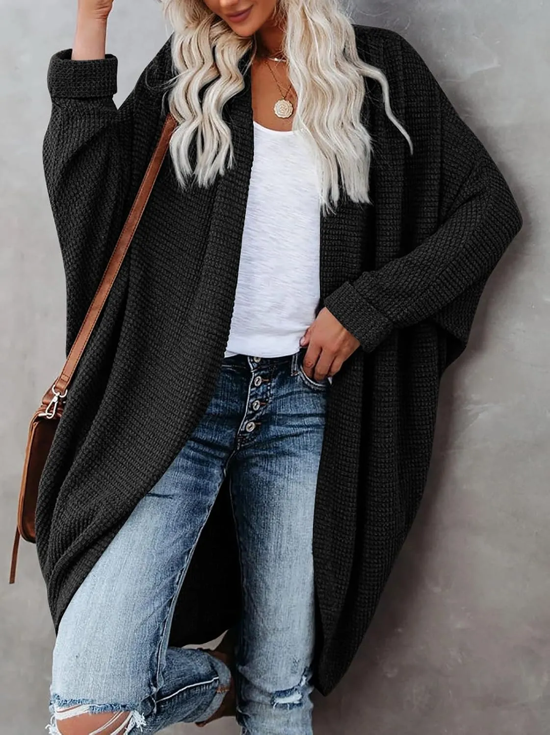 ZoeAce Womens Open Front Knit Cardigan Long Batwing Sleeve Oversized Sweater Chunky Waffle Cable Boho Pockets Coat