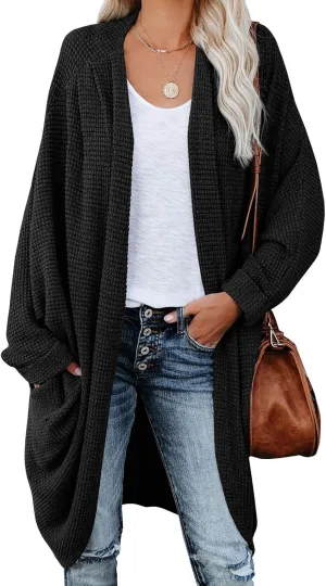 ZoeAce Womens Open Front Knit Cardigan Long Batwing Sleeve Oversized Sweater Chunky Waffle Cable Boho Pockets Coat
