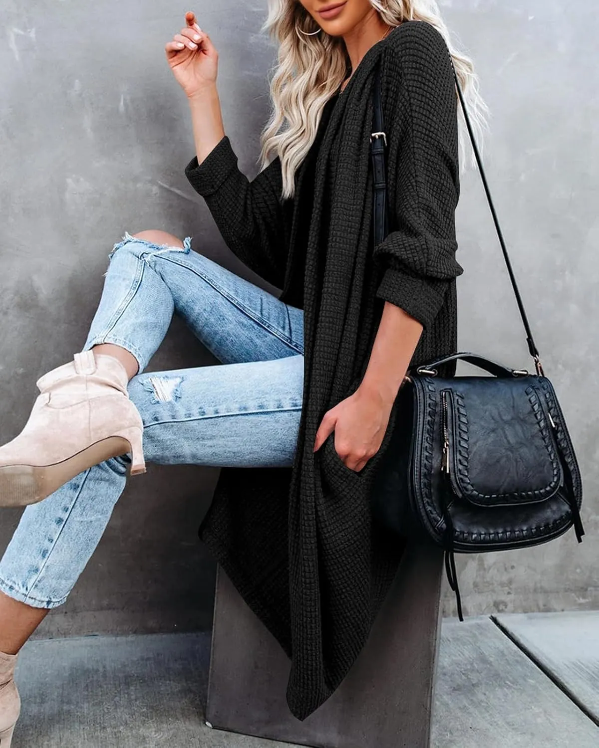 ZoeAce Womens Open Front Knit Cardigan Long Batwing Sleeve Oversized Sweater Chunky Waffle Cable Boho Pockets Coat